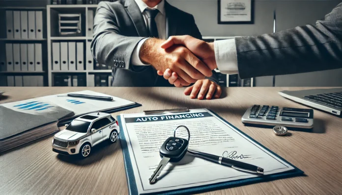 A car dealership office where a customer and a finance officer shake hands, sealing a car loan agreement. A car key and financial documents rest on the table, symbolizing auto financing. The scene is sleek and professional.