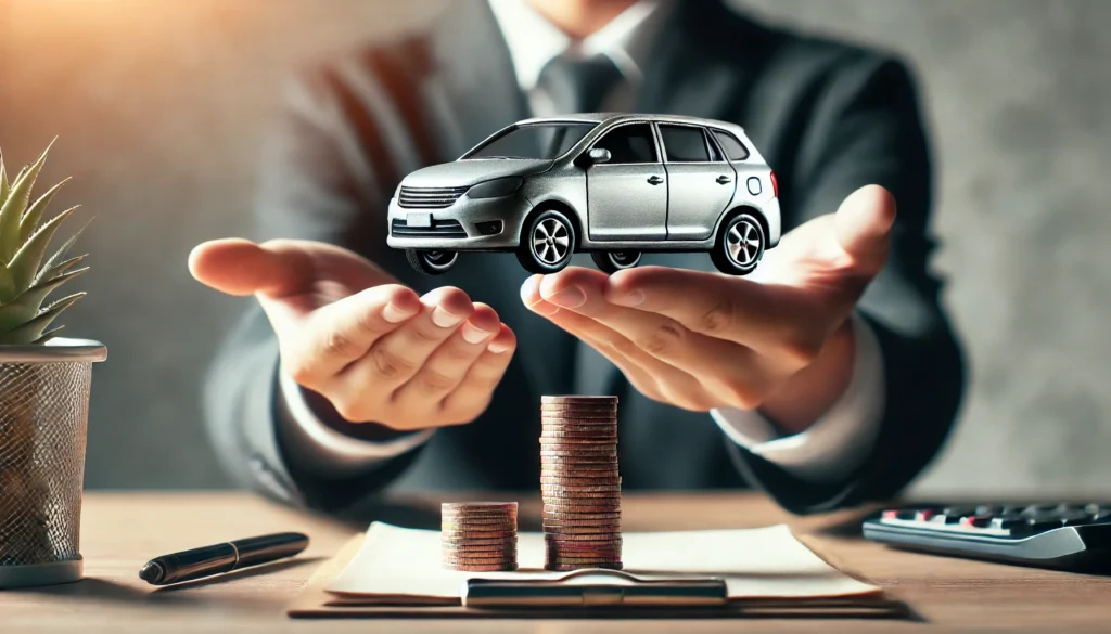 A person holding a miniature car in one hand and a stack of coins in the other, representing the financial decision between affordability and vehicle choice. The background is blurred with a modern, neutral-toned setting.