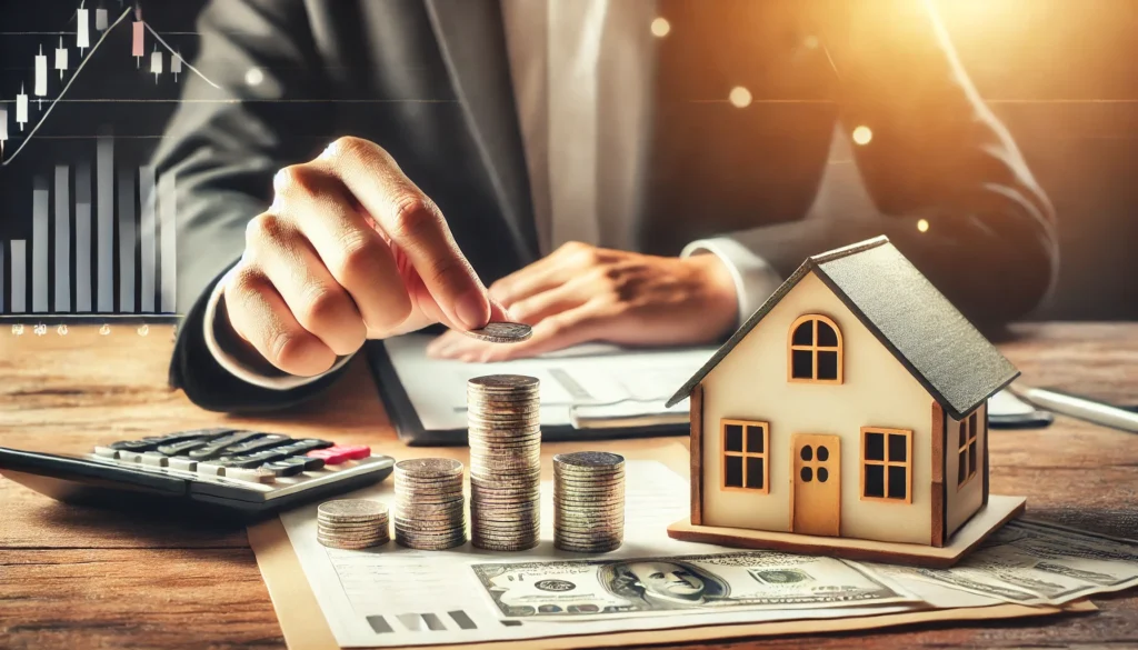 A conceptual image of a person stacking coins beside a house model, symbolizing responsible financial planning for homeownership. The softly blurred background features financial documents, a calculator, and graphs, reinforcing structured budgeting.