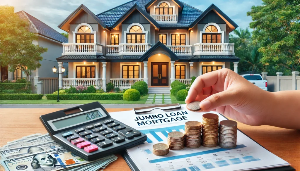 A hand stacking coins next to a calculator and financial documents in the foreground, symbolizing budgeting for a jumbo loan mortgage. A luxury home exterior in the background represents a high-value real estate investment.