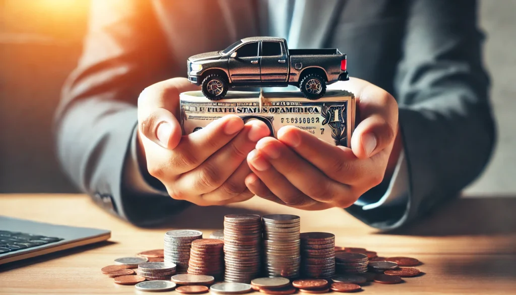 A person’s hands holding a small truck model above a pile of cash and coins, symbolizing financial preparation for purchasing a truck.