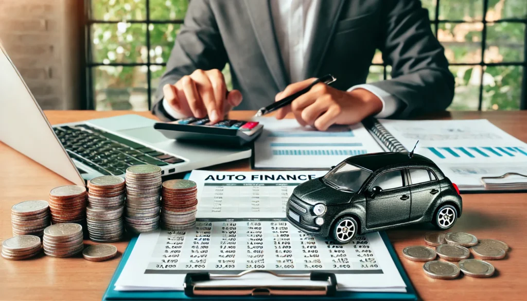 A person calculating car loan payments using a laptop and calculator, with a toy car and stacks of coins nearby. The scene represents budgeting and financial planning for auto financing in a modern setting.