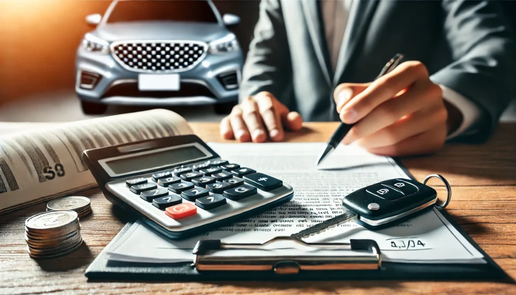 A close-up view of a calculator, a contract, and a car key on a wooden desk, symbolizing financial calculations for car loan principal payments, with a blurred car visible in the background.