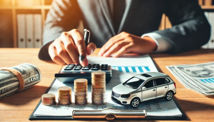 A conceptual image showing a person using a calculator with a small car model beside it, representing financial planning for an auto loan. Stacks of coins in front of the calculator symbolize budgeting and loan expenses.