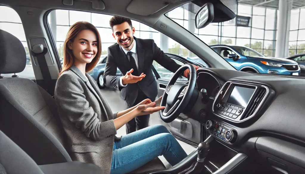 A car buyer sits inside a new vehicle in a showroom, testing the steering wheel and dashboard. A smiling salesperson stands outside, gesturing toward the car’s features. Other cars and a modern dealership interior are visible in the background.