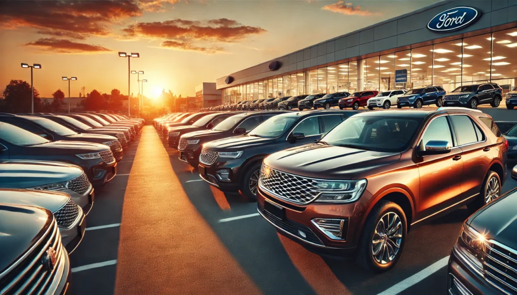 A car dealership parking lot at sunset, with rows of new vehicles lined up for sale. The sky’s warm hues reflect on the polished car surfaces. The dealership building is illuminated by evening lights in the background.