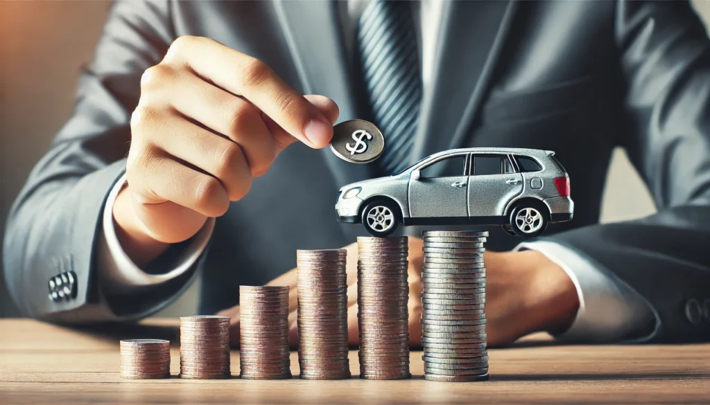 A close-up of hands placing a toy car on top of stacked coins, symbolizing improved auto loan terms and financial savings. The background is blurred with a professional, neutral-toned setting.