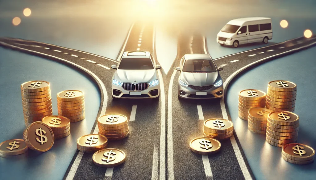 A financial planning visualization featuring a road splitting into two paths—one leading to a luxury car and the other to a budget-friendly vehicle. Golden coins scattered along both pathways symbolize financial decision-making for car financing and affordability.