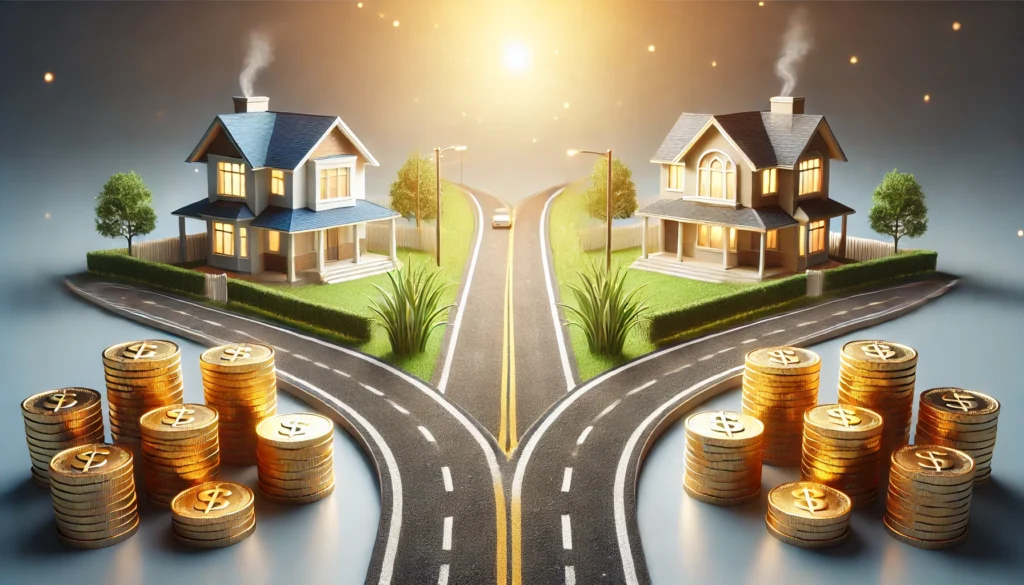 A symbolic image of a road splitting into two paths—one leading to a modern suburban home and the other to a luxurious mansion—representing different financial options for homeownership. Golden coins line both paths, symbolizing affordability and planning.