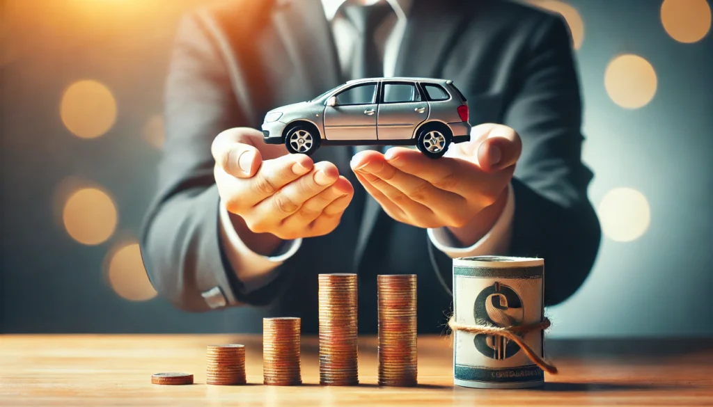 A person holding a miniature car in one hand and a stack of coins in the other, representing the decision between new loan terms and financial savings. The background is blurred with a professional setting.