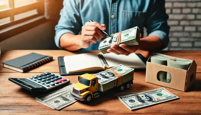 A person counting stacks of cash on a table, with a toy truck model nearby, representing financial planning for buying a truck.