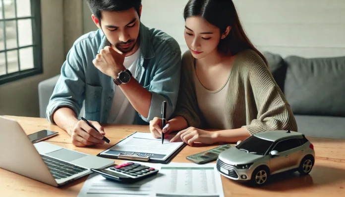 A couple sitting at a table, reviewing their budget for buying a car. A laptop, calculator, and financial documents are spread out on the table, representing careful financial planning.