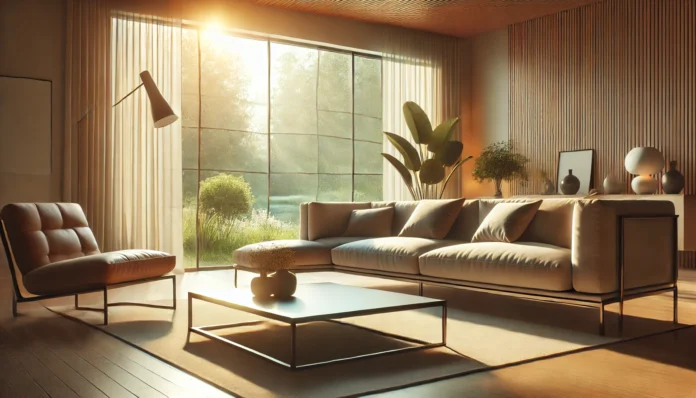 A serene, sunlit living room with a modern sofa and minimalist coffee table, symbolizing the goal of saving for high-quality home furnishings.