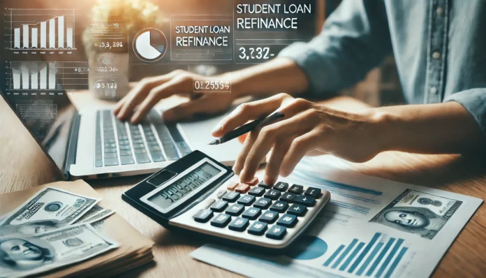 A modern workspace featuring a laptop with financial charts, a calculator, and documents on a wooden desk. A person’s hand uses the calculator, symbolizing financial decision-making and student loan refinancing