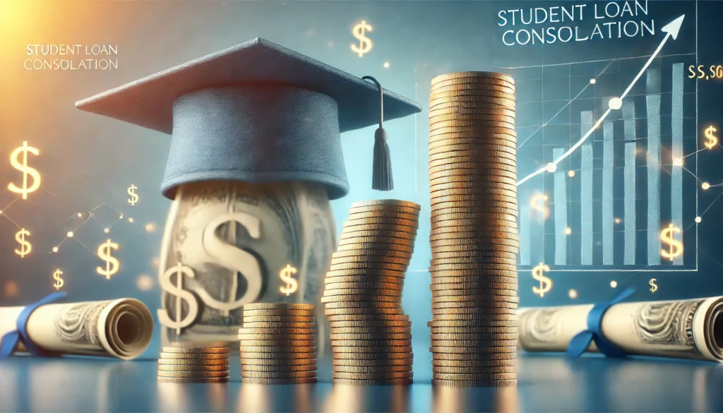 A conceptual image of stacks of coins merging into a larger stack, symbolizing student loan consolidation. A graduation cap and diploma in the background reinforce the connection to education financing, with a modern blue and gold color scheme conveying financial stability