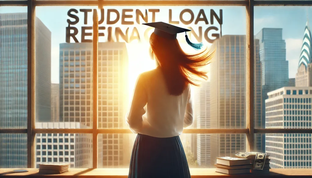 A young graduate in professional attire stands on a high-rise balcony, overlooking a bright cityscape, symbolizing financial freedom. The warm sunlight and gentle wind create an empowering atmosphere, representing the benefits of refinancing student loans