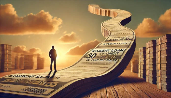 A symbolic image illustrating the financial burden of a 30-year student loan refinance—a lone figure stands at the base of a towering, winding staircase made of student loan documents, ascending into the distant sky under a warm sunset, signifying perseverance and long-term commitment