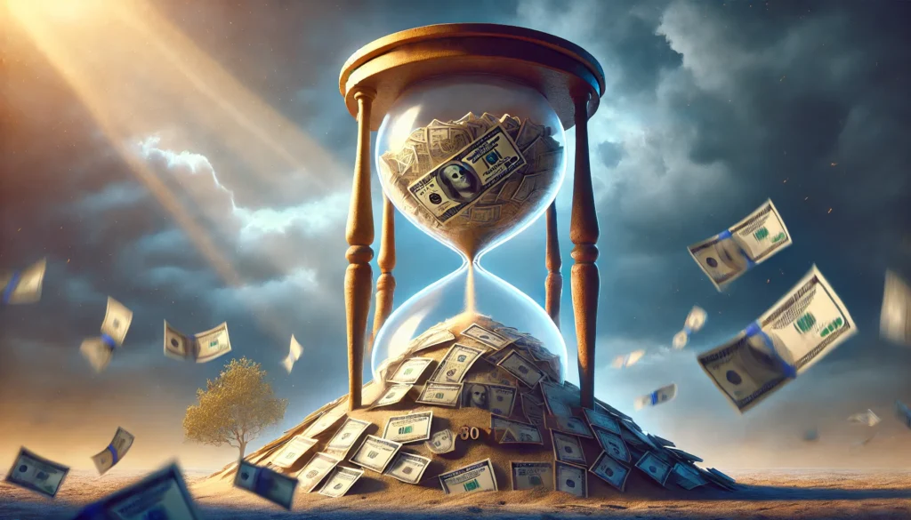 A surreal image depicting student loan debt over a 30-year refinance period—a giant hourglass filled with student loan papers slowly trickling down, symbolizing the passage of time and prolonged financial commitment, set against a dramatic sky conveying both struggle and resilience