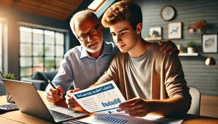 A young professional in a modern home office reviewing financial documents with a supportive parent. The scene highlights financial teamwork, with a laptop open to a financial planning dashboard, symbolizing the refinancing of private student loans with a cosigner.
