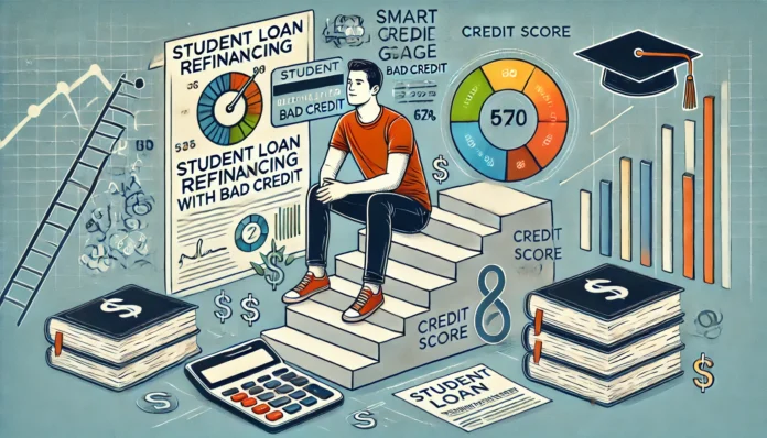 A conceptual digital illustration symbolizing smart strategies for student loan refinancing with bad credit. A young adult is surrounded by financial planning tools like a calculator, credit score gauge, and refinancing documents, with a pathway to financial stability. Academic elements, including books and a graduation cap, are subtly incorporated in the background