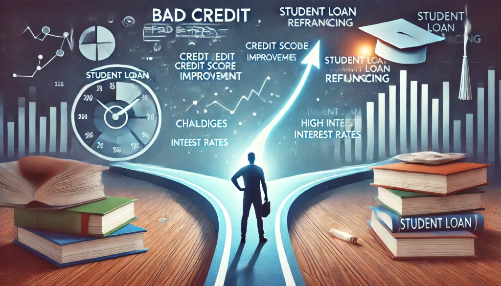 A symbolic illustration of overcoming bad credit for student loan refinancing. A person stands at a financial crossroad, choosing between a path to better financial stability and one with high-interest obstacles. The scene includes a rising financial graph, a credit score improvement gauge, and academic elements like books and a graduation cap in the background
