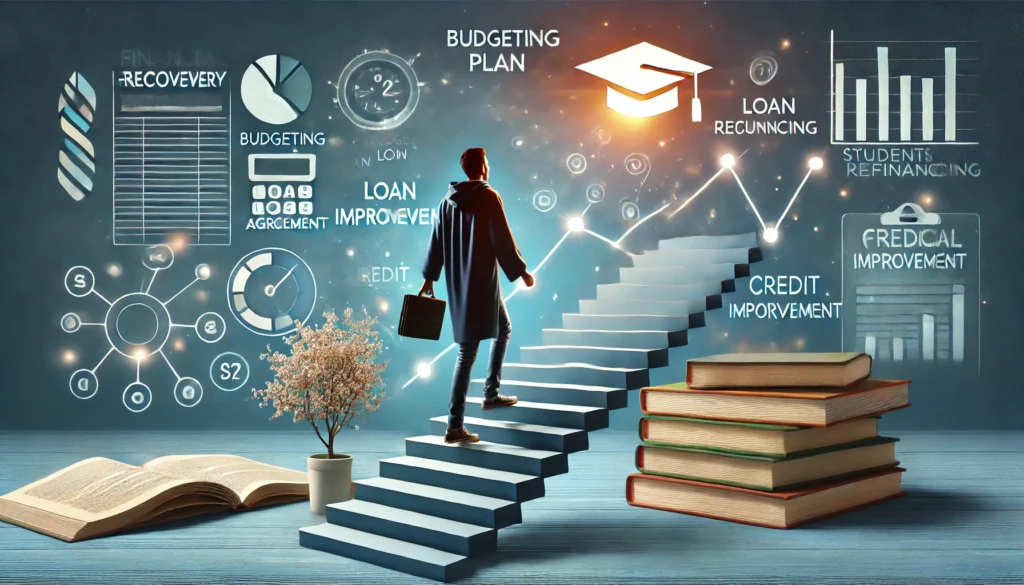 A creative digital illustration depicting financial recovery for students with bad credit seeking loan refinancing. A student climbs a staircase made of financial tools such as budgeting plans, loan agreements, and credit improvement icons, leading to a glowing symbol of financial success. The background includes academic elements like books and a graduation cap