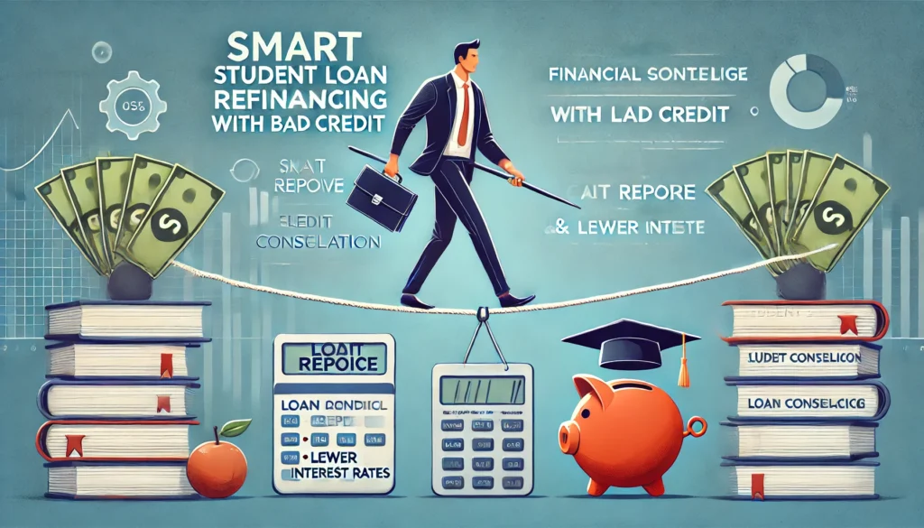 A visually engaging illustration representing smart financial strategies for student loan refinancing with bad credit. A student carefully balances on a financial tightrope, symbolizing strategic decision-making, while safety nets below—loan consolidation, credit repair, and lower interest rates—offer financial security. The background features academic elements like books and a graduation cap