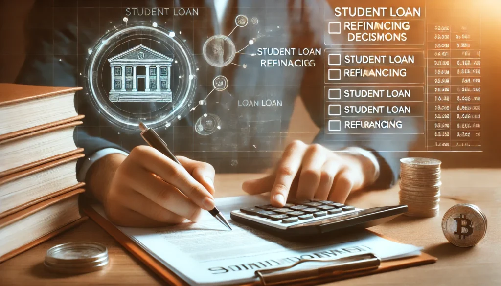 A close-up conceptual illustration of a person analyzing loan documents with a calculator and financial reports, symbolizing student loan refinancing decisions. The warm, professional background adds a focused and strategic atmosphere.
