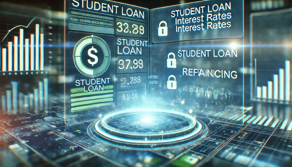 A futuristic digital representation of financial technology, featuring a holographic interface displaying student loan data, interest rates, and refinancing options. The cool-toned lighting and high-tech elements symbolize innovation in financial solutions