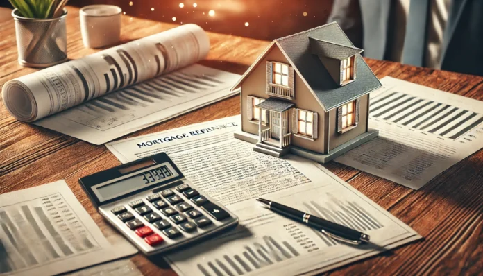 A conceptual image depicting a house alongside financial documents and a calculator on a desk, symbolizing mortgage refinancing decisions. The warm, professional background enhances the theme of financial planning and homeownership