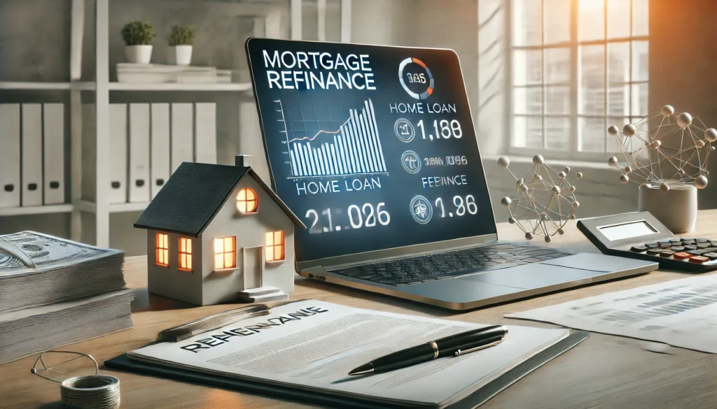 A modern office desk featuring a laptop displaying mortgage refinance data, accompanied by a stack of home loan documents and a pen. The scene represents financial decision-making and mortgage refinancing considerations.