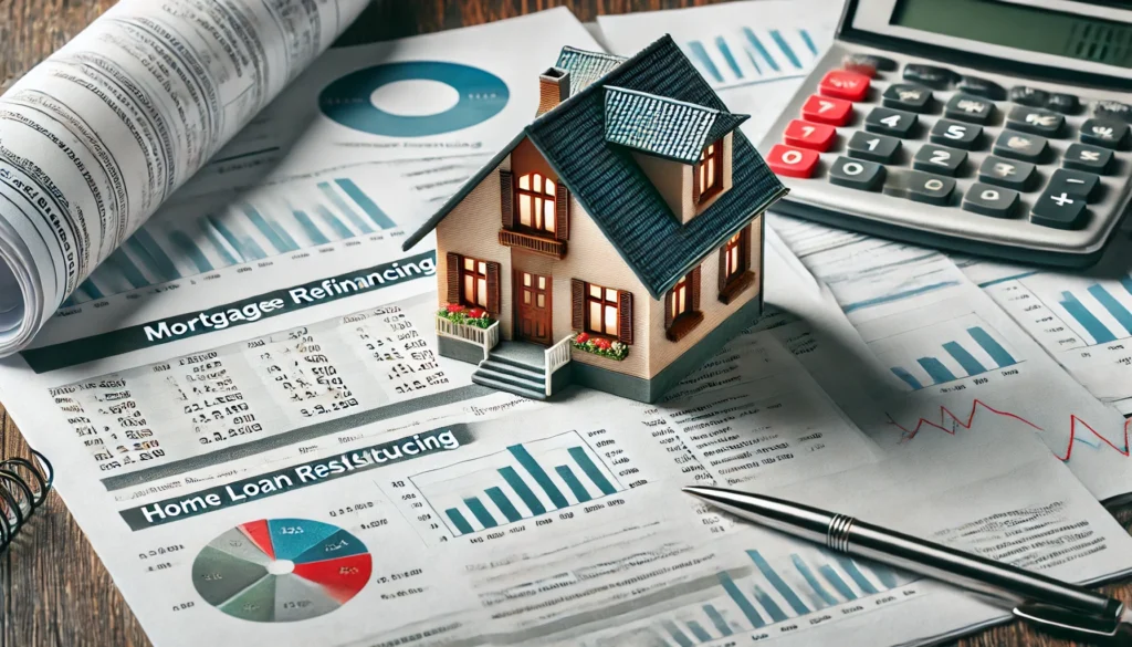 A symbolic representation of mortgage refinancing, showcasing a miniature house model placed on financial charts and loan paperwork. The composition emphasizes home loan restructuring and financial planning