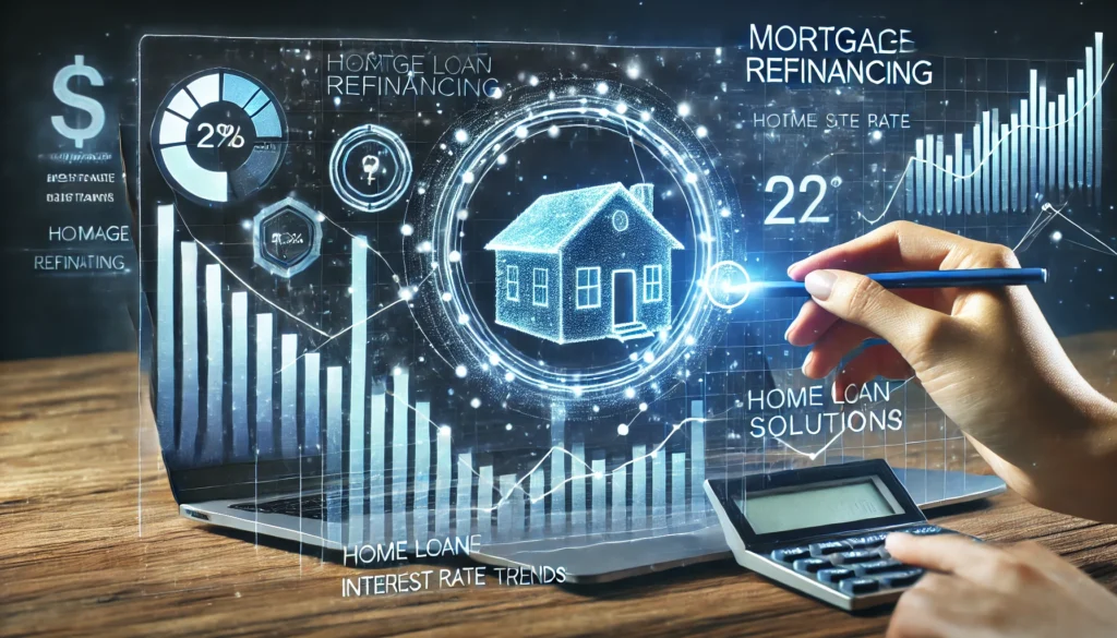 A futuristic financial concept featuring a digital holographic display of mortgage refinancing options, including home loan graphs and interest rate trends. The image symbolizes modern refinancing solutions and advanced financial technology