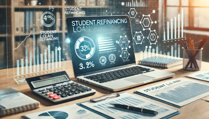 A modern office desk with financial documents, a calculator, and a laptop displaying loan refinancing data, symbolizing student loan refinancing decisions. The scene has a professional and analytical ambiance with soft lighting.