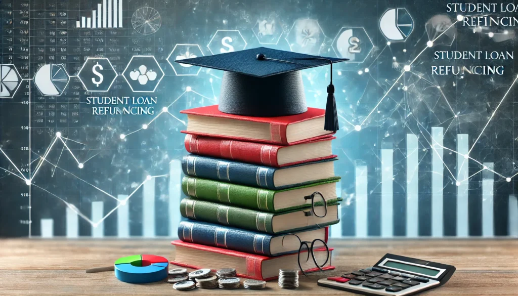 A symbolic representation of student loan refinancing, featuring a stack of books with a graduation cap on top and financial graphs in the background, illustrating financial strategy and education funding.