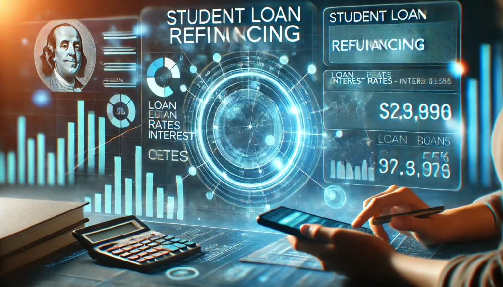 A futuristic digital concept of student loan refinancing, featuring a holographic financial interface with loan data, interest rates, and repayment options. The scene is illuminated with blue and green tones, symbolizing modern financial technology