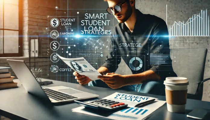A young professional reviewing financial documents on a modern desk, with a laptop, calculator, and coffee cup, symbolizing strategic student loan management and financial planning.