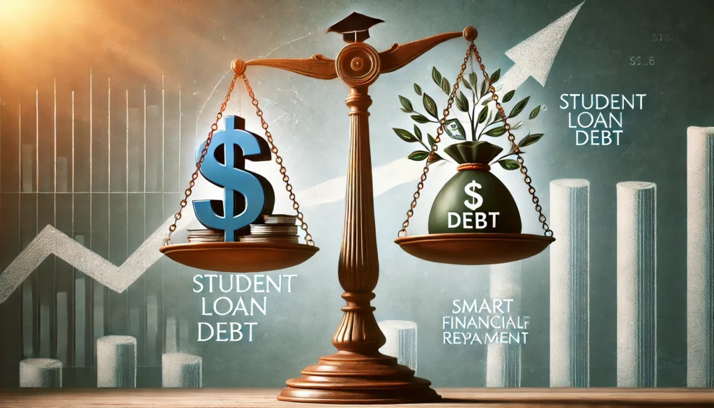 An artistic illustration of a balanced scale with student loan debt on one side and financial growth on the other, symbolizing strategic repayment and smart financial planning