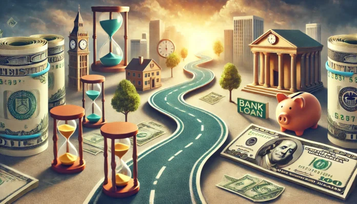 A surreal financial landscape with a winding road made of dollar bills leading to a bright future, with clocks, hourglasses, and bank buildings symbolizing the timing and refinancing of a personal loan.