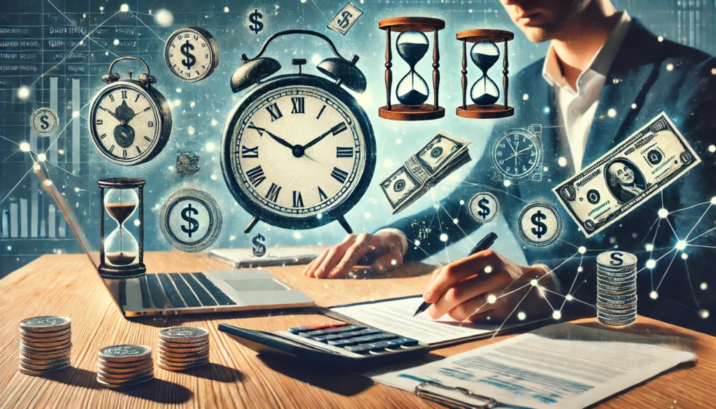 Professional workspace featuring a person reviewing loan documents with a calculator and laptop, surrounded by floating symbols of time and money, visually representing the concept of refinancing a personal loan