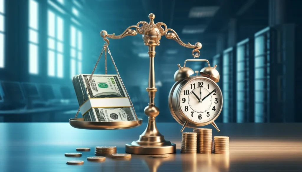 A surreal financial landscape with a winding road made of dollar bills leading to a bright future, with clocks, hourglasses, and bank buildings symbolizing the timing and refinancing of a personal loan