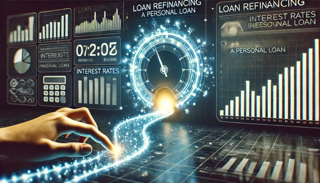 A futuristic digital dashboard displaying fluctuating interest rates, graphs, and a countdown clock, with a glowing pathway leading towards financial success, symbolizing the impact of timing in refinancing a personal loan