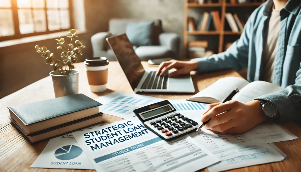 A person sitting at a desk in a cozy home office, reviewing financial documents with a laptop and calculator, symbolizing strategic student loan management and financial planning