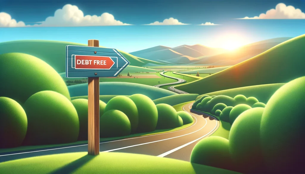 A symbolic road leading to a bright future, surrounded by lush greenery and a clear blue sky, representing financial stability and relief from student loans