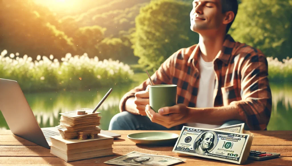 A peaceful scene of a person sitting outdoors with a cup of coffee, looking relaxed and stress-free, symbolizing financial freedom and relief after paying off student loans.