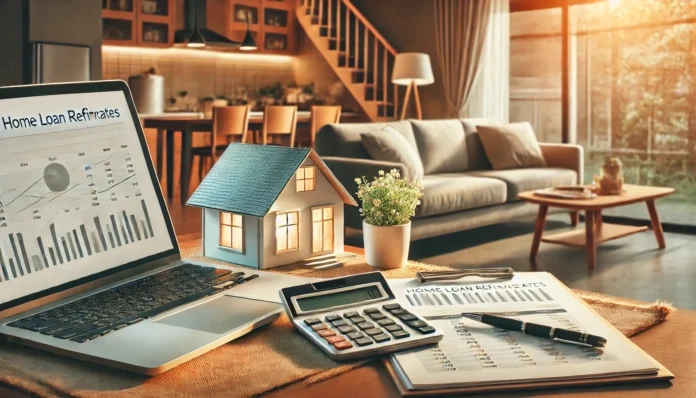 A modern home with a cozy living room and a financial planner’s workspace featuring a laptop, documents, and a calculator, symbolizing the process of securing the best home loan refinance rates