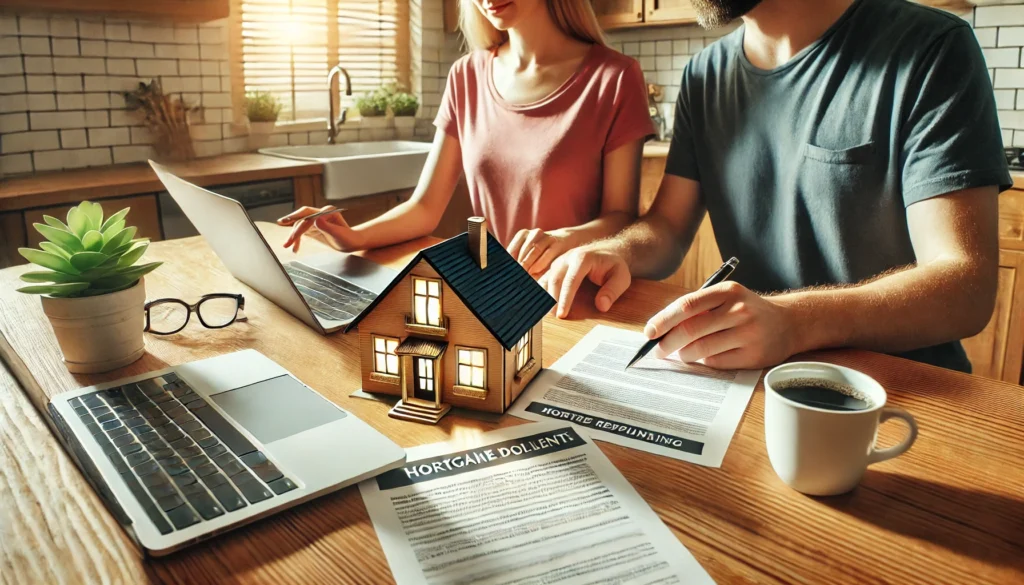 A couple reviewing mortgage documents together at a kitchen table with a laptop and coffee, symbolizing financial planning and home loan refinancing decisions in a warm and optimistic setting