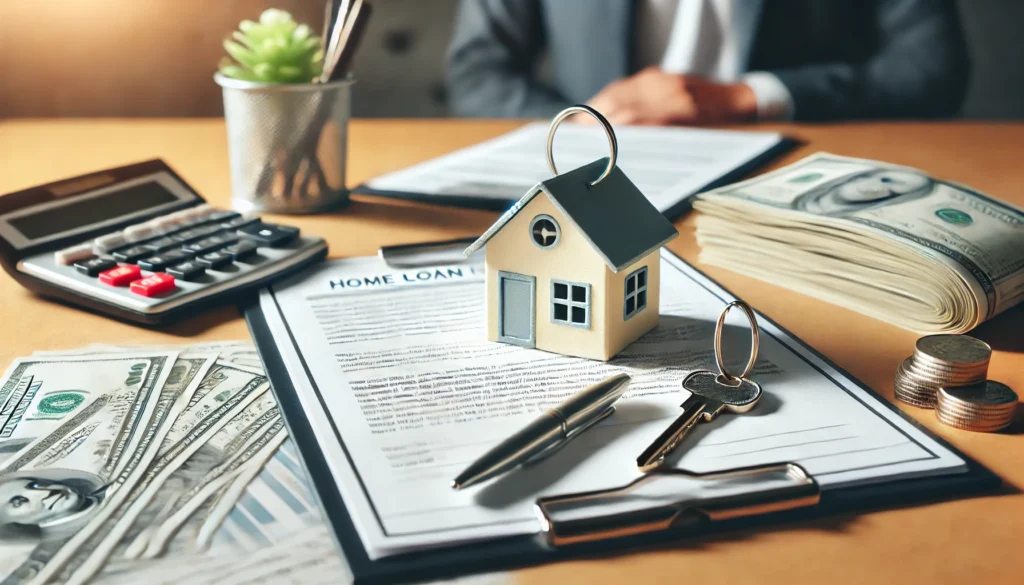 A conceptual image of a key and a small house model placed on financial documents, symbolizing home loan refinancing with a professional workspace and soft natural lighting.