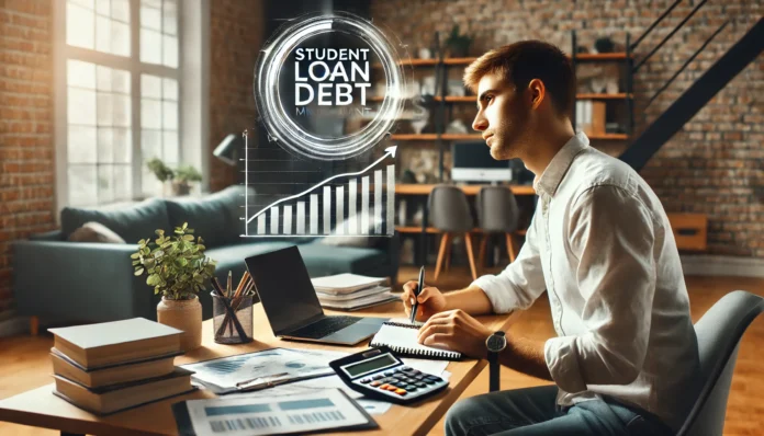 A young professional working at a desk with financial documents, a laptop, and a calculator, symbolizing strategic student loan debt management. The modern home office setup enhances the theme of financial planning and smart money strategies.