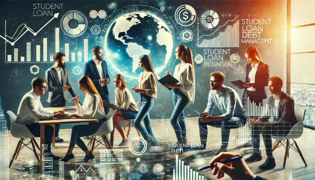 A diverse group of young professionals in a collaborative workspace, engaging in a discussion about financial strategies. The background subtly includes charts and financial graphs, reinforcing the theme of smart student loan debt management
